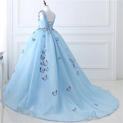 Quinceanera Dresses Blue Butterfly Flowers Lace Up Ball Gowns Long Prom Dresses