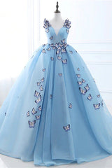 Quinceanera Dresses Blue Butterfly Flowers Lace Up Ball Gowns Long Prom Dresses