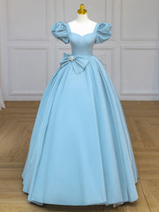 Quinceanera Dresses Blue Satin Puff Sleeves Long Prom Gown Blue Long Sweet Dresses