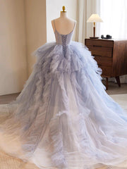 Quinceanera Dresses Blue Tulle Long Prom Gown Blue Tulle Long Sweet Dresses