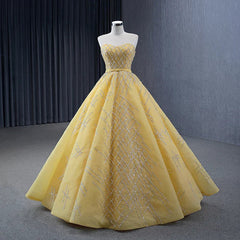 Quinceanera Dresses Elegant Yellow Strapless Sequins Ball Gown Lace Up Pleated Evening Dresses