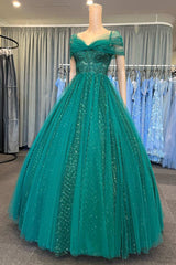 Quinceanera Dresses Glitter Emerald Green Tulle Cold-Shoulder Ball Gown