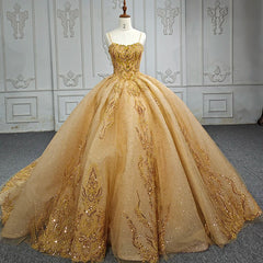 Quinceanera Dresses Gold Beading Formal Long Evening Dresses Spaghetti Straps Ball Gown