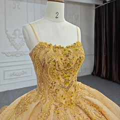 Quinceanera Dresses Gold Beading Formal Long Evening Dresses Spaghetti Straps Ball Gown