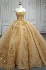 Quinceanera Dresses Gold Beading Formal Long Evening Dresses Spaghetti Straps Ball Gown