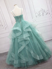 Quinceanera Dresses Green V Neck Tulle Long Prom Dresses Green Sweet Dresses