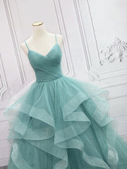 Quinceanera Dresses Green V Neck Tulle Long Prom Dresses Green Sweet Dresses