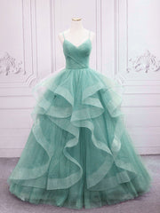 Quinceanera Dresses Green V Neck Tulle Long Prom Dresses Green Sweet Dresses