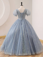 Quinceanera Dresses V Neck Tulle Sequin Gray Blue Long Prom Dresses Gray Blue Formal Sweet Dresses