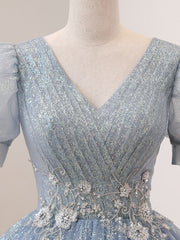 Quinceanera Dresses V Neck Tulle Sequin Gray Blue Long Prom Dresses Gray Blue Formal Sweet Dresses