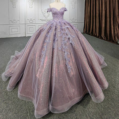 Quinceanera Purple  Off-the-Shoulder Ball Gown Flower Dresses