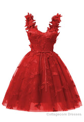 Red 3D Butterfly Lace Applique Tulle Homecoming Dress for Teens Sweetheart Mini Short Prom Dresses