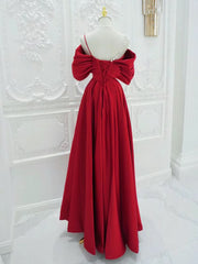 Red A-Line Off Shoulder Satin Long Prom Dress, Red Long Formal Dress