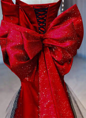 Red and Black Sweetheart Off Shoulder Formal Dresses, Long Prom Dresses with Bow