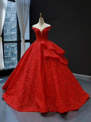 Red Ball Gown Lace Off the Shoulder Floor Length Quinceanera Dresses