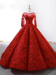 Red Ball Gown Long Sleeve Backless Appliques Wedding Dresses