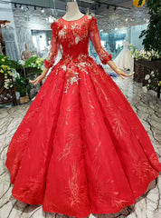 Red Ball Gown Satin Appliques Long Sleeve Luxury Wedding Dresses With Beading