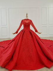 Red Ball Gown Satin High Neck Long Sleeve Sequins Wedding Dresses With Long Train