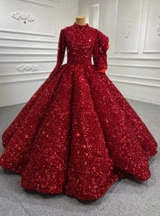 Red Ball Gown Sequins High Neck Long Sleeve Prom Dresses