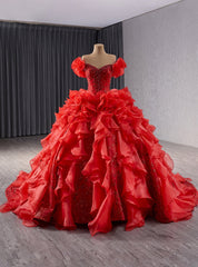 Red Ball Gown Sequins Off the Shoulder Pearls Prom Dresses