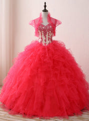 Red Ball Gown Sweetheart Neck Appliques Organza 16 Birthday Dresses