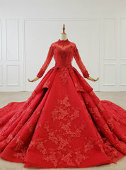 Red Ball Gown Tulle Appliques High Neck Long Sleeve Beading Wedding Dresses With Long Train