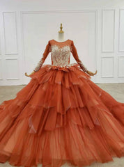 Red Ball Gown Tulle Beading Sequins Long Sleeve Wedding Dresses