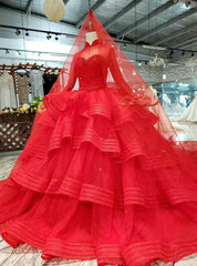 Red Ball Gown Tulle High Neck Long Sleeve Luxury Wedding Dresses With Long Train