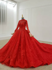 Red Ball Gown Tulle Lace High Neck Long Sleeve Beading Wedding Dresses