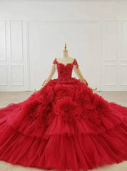 Red Ball Gown Tulle Long Sleeve Appliques Beading Wedding Dresses With Train