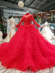 Red Ball Gown Tulle Long Sleeve High Neck Beading Wedding Dresses