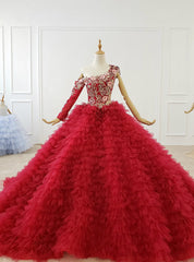 Red Ball Gown Tulle One Shoulder Long Sleeve Appliques Wedding Dresses