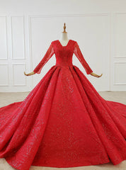 Red Ball Gown Tulle Sequins V-neck Long Sleeve Wedding Dresses With Train