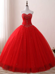 Red Ball Gown Tulle Sweetheart Neck Sweet 16 Dressess With Beading