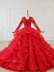 Red Ball Gown V-neck Long Sleeve Beading Wedding Dresses