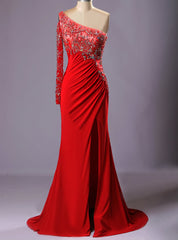 Red Bling One Shoulder Beads Crystal Vestido Para Formatura Longo Sexy Dresses