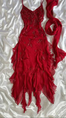 Red Chiffon Beaded Long Party Evening Gown Formal Prom Dress