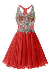 Red Chiffon Crystal Homecoming Dresses