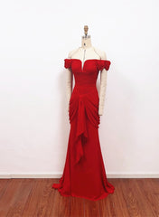 Red Chiffon Mermaid Off Shoulder Wedding Party Dresses, Red Long Formal Dresses