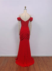 Red Chiffon Mermaid Off Shoulder Wedding Party Dresses, Red Long Formal Dresses