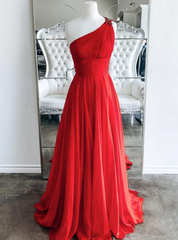 Red Chiffon One Shoulder Prom Dresses