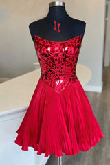 Red Cut Glass Mirror Strapless A-Line Gathered Party Dresses