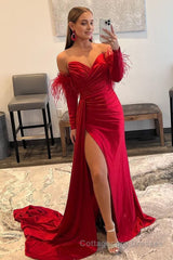 Red Detachable Long Sleeves Long Prom Dress with Feathers