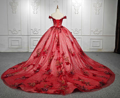 Red Flower  Off-the-Shoulder Quinceaera Dress