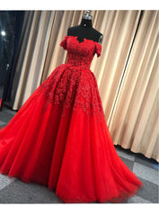 Red Gorgeous Sweetheart Off Shoulder Lace Applique Ball Gown Prom Dresses, Red Evening Dresses Party Dresses