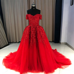 Red Gorgeous Sweetheart Off Shoulder Lace Applique Ball Gown Prom Dresses, Red Evening Dresses Party Dresses