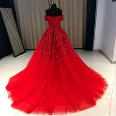 Red Gorgeous Sweetheart Off Shoulder Lace Applique Ball Gown Prom Dresses, Red Evening Dresses Party Dresses