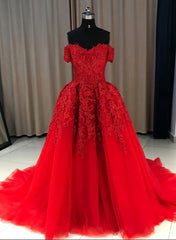 Red Gorgeous Sweetheart Off Shoulder Lace Applique Ball Gown Prom Dresses, Red Evening Dresses Party Dresses