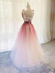 Red Gradient Tulle Beaded Long Party Dresses Formal Dresses, V-neckline Party Dresses