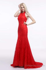 Red Lace Mermaid Halter Backless Long Prom Dresses